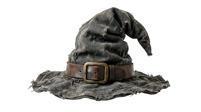 A weathered vintage witch hat with a leather belt buckle accessory presented as an isolated on transparent background