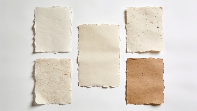 Image features a collection of six rectangular pieces of handmade paper arranged in a loose grid pattern against a white background. Each piece varies slightly in texture and color, ranging from off-w