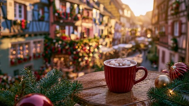 A cozy red mug of hot chocolate with marshmallows steaming on a wooden table at a European Christmas market. Decorated pine branches and warm sunset lights complement the picturesque old town backgrou