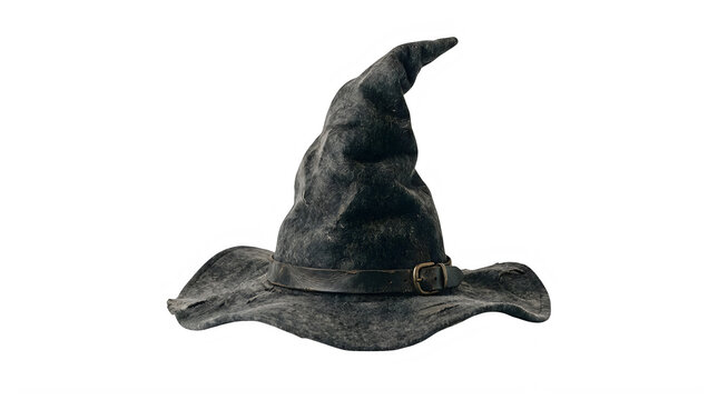 A weathered black leather witch hat with a buckle detail presented as an isolated object on transparent background isolated on transparent background
