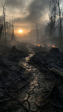 burned forest aftermath with ashes and smoke, desolate scorched landscape after wildfire disaster