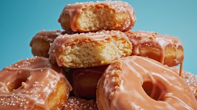 Pile of bitten strawberry glazed donuts with sugar crystals on a pastel blue backdrop