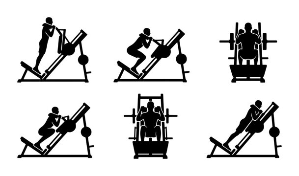 Gym Workout Icons: Leg Press, Squat Machine, Weightlifting Silhouettes for Fitness Graphics