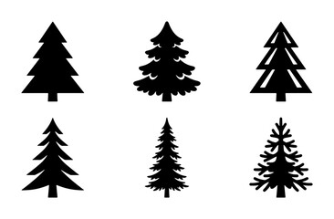 Obraz premium Six Black Silhouette Christmas Tree Icons, Vector Set, Winter Holiday Decoration Elements