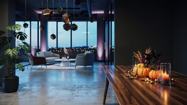 Elegant autumn evening decor inside a sophisticated modern lounge area with festive pumpkins and glowing candles