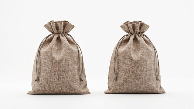 Mockup two brown burlap drawstring gift bags isolated on white background