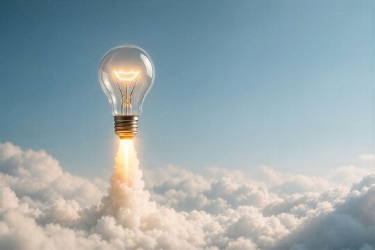 Light bulb rising like a rocket through clouds representing innovation and new idea