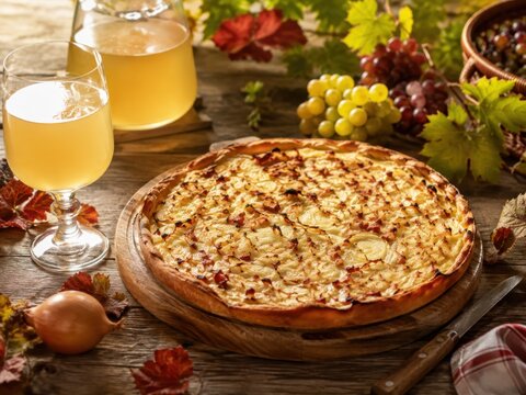 Frisch gebackener Zwiebelkuchen mit Federwei&szlig;er in herbstlicher Atmosph&auml;re. Traditionelle Spezialit&auml;t aus Deutschland zum Beginn der Weinlese und des Herbstes.