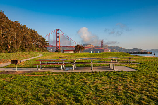 Beautiful Golden Gate Bridge view from Crissy Field park in San Francisco
