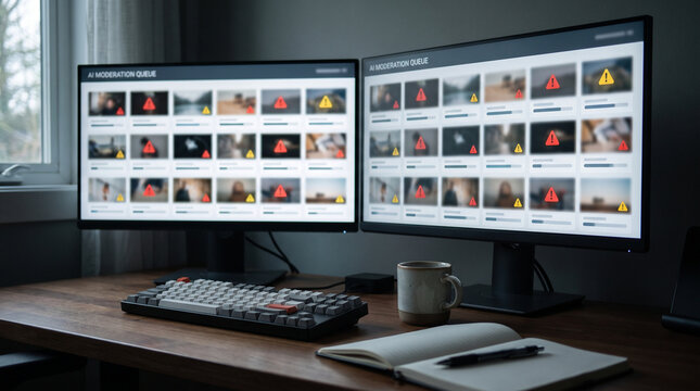 Dual monitors displaying content moderation alerts in a workspace