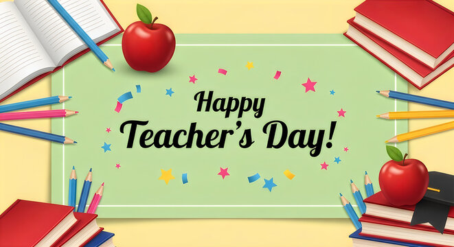 Teacher's Day celebration with apple and school supplies. Happy educator appreciation event featuring red apple, books, and colorful confetti.