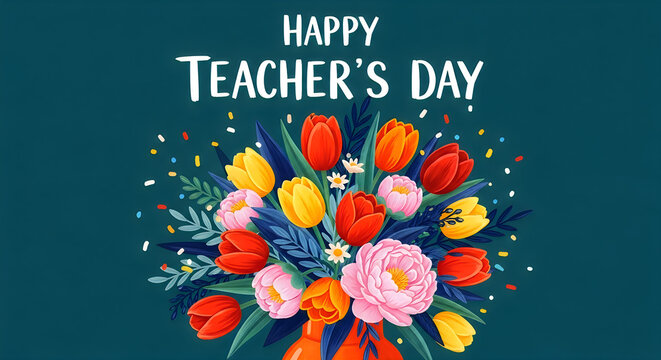 Happy Teacher's Day floral bouquet celebration. Vibrant mixed flowers with festive greeting card for educators.
