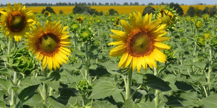 Sunflowers in the field in european village 