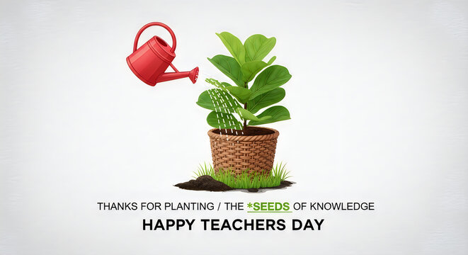 Hand-drawn red heart watering potted plant for Teachers Day. Vibrant hand-painted illustration celebrating educator appreciation with growth and care.