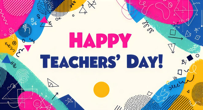 Happy Teachers' Day celebration with colorful confetti background. Vibrant greeting card design featuring golden apple and festive typography.