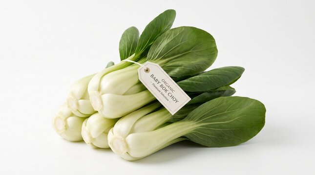 Organic baby bok choy bundle with price tag, fresh green pak choi cabbage on white background, raw chinese vegetable for healthy cooking