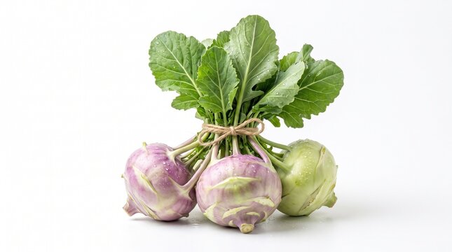 Fresh kohlrabi bunch with green leaves, organic purple and green kohlrabi vegetables, raw German turnip cabbage isolated on white background