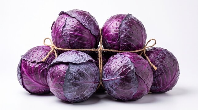 Fresh red cabbage heads tied with rustic twine, organic purple cabbage pile on white background, raw vibrant brassica vegetables for healthy cooking