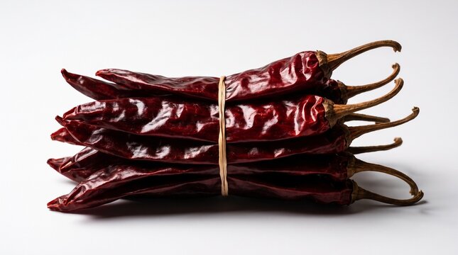 Dried red chili peppers bundle tied with twine, spicy organic hot peppers on white background, dark crimson textured de arbol chilies