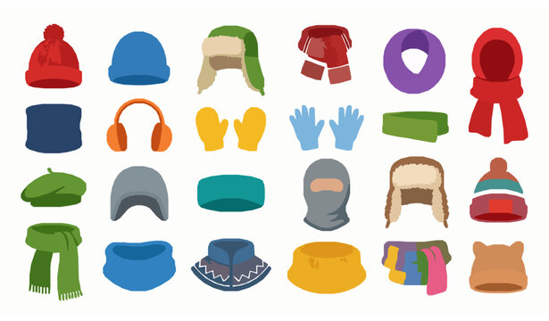 Warm kids winter clothing accessories bundle with hats scarves mittens cartoon flat vector icons