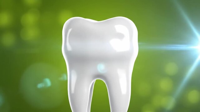 Pristine white molar tooth model rotating against a green bokeh background with bright light flares