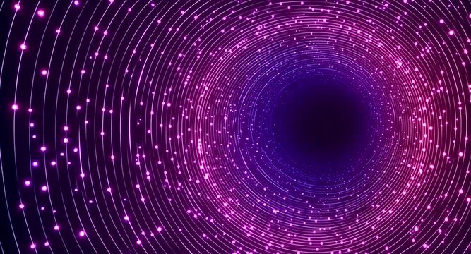 Hypnotic flight through a spiraling neon vortex of glowing pink and purple particles, a seamless looping animation representing concepts of space travel, cosmic journey and futuristic technology