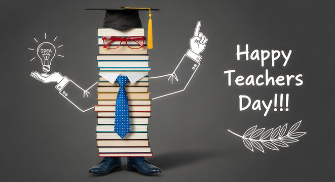 Happy Teachers Day celebration with glowing books and lightbulb. Educator appreciation vector illustration with sparkles and creative concept.