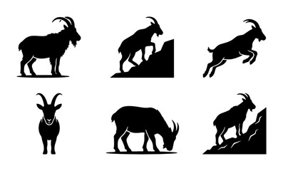 Fototapeta premium Goat Silhouettes Collection, Mountain Climbing Ibex Icons, Wild Animal Vector Graphics