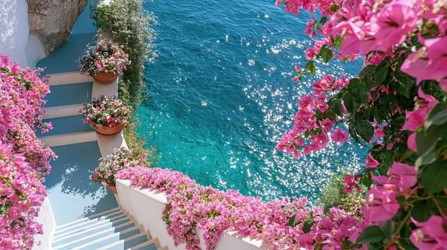 Growth of vibrant pink bougainvillea along white stairs descending to sparkling turquoise sea water