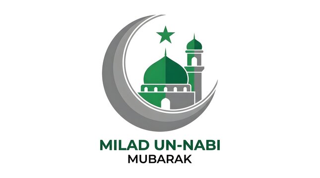 A decorative graphic design featuring a crescent moon and mosque for the milad un nabi mubarak celebration