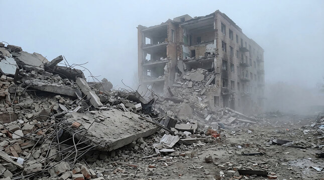 Destroyed residential building surrounded by concrete rubble and debris in foggy war zone or earthquake disaster area
