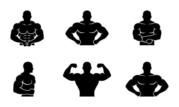 Muscular Man Silhouettes, Bodybuilder Poses Vector Icons Set, Fitness Strength Graphic Elements