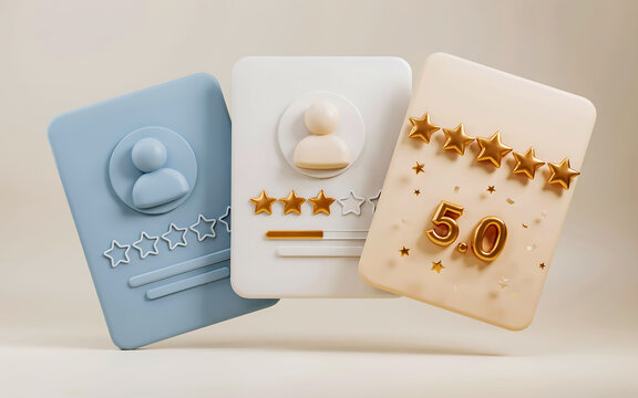 3D user profile review cards with gold stars avatar silhouettes and five point zero rating score banner concept