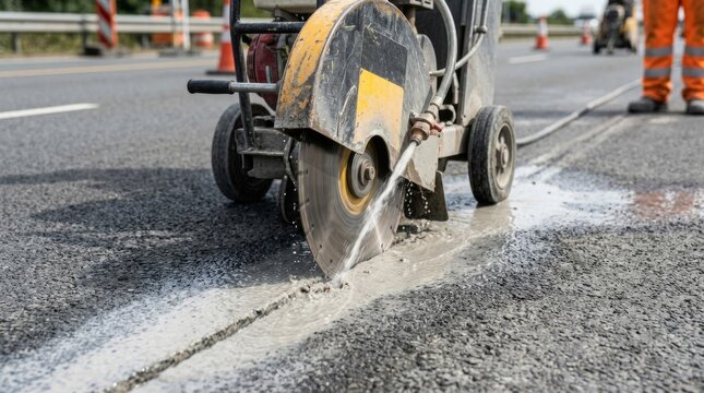 Road construction workers use a large saw to cut asphalt on the road.