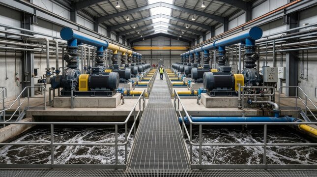 A worker stands in a large industrial pump room with blue pipes and motors