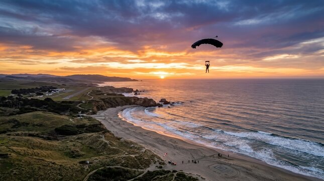 A paraglider flies over the sea at sunset near the coast