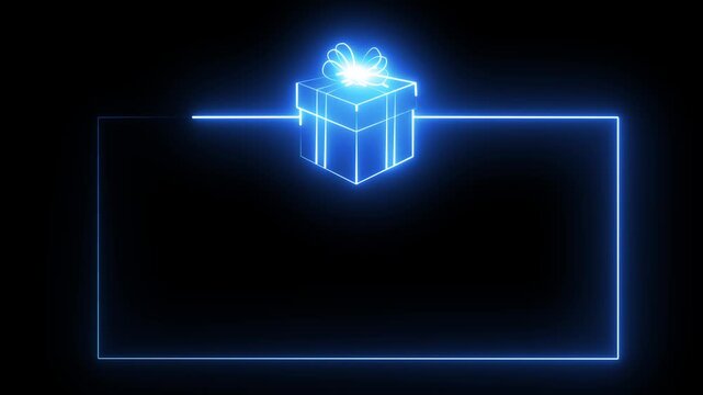 Glowing blue neon gift box frame on a dark black background for holiday celebration cards