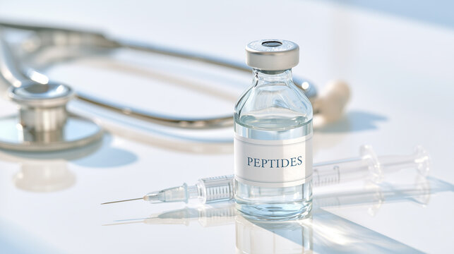 Peptide vial with syringe and stethoscope for modern regenerative medicine