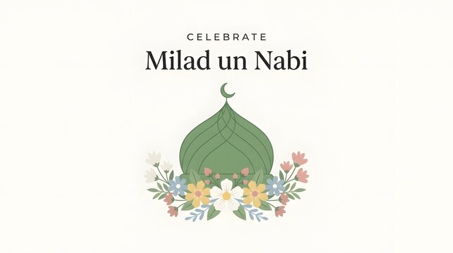 Elegant greeting card design celebrating the islamic holiday of milad un nabi with floral accents and mosque dome