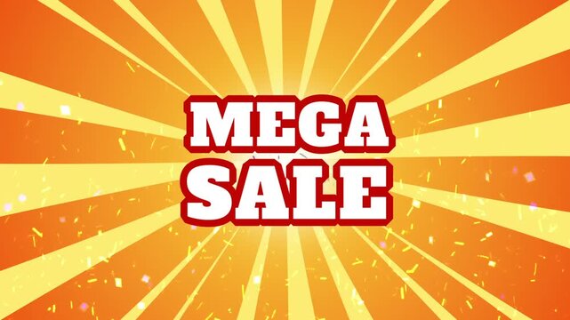 Mega sale text sign on orange sunburst background
