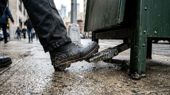 A muddy boot steps on a metal platform beside a green dumpster.
