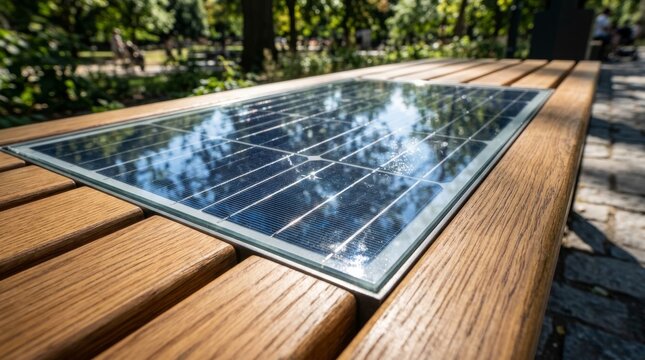 A solar panel rests on a wooden bench in a sunny park setting.