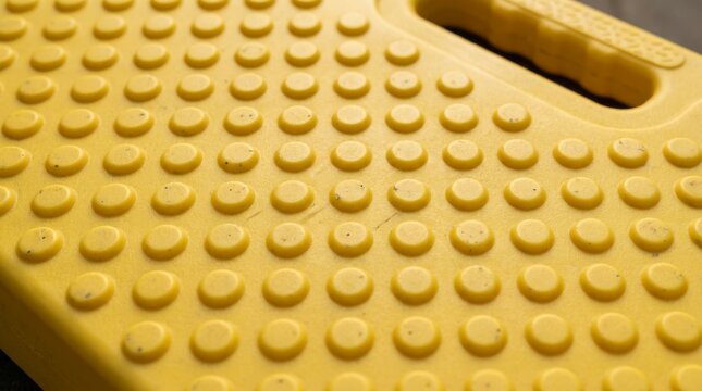 This close up shows a yellow plastic surface with round raised dots.