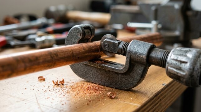 Copper pipe is being cut by a pipe cutter on a workbench.