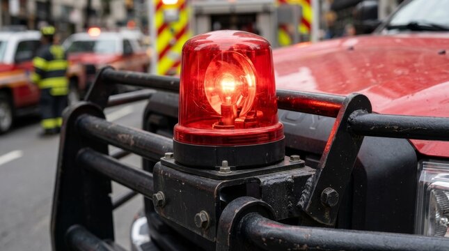 A red emergency beacon sits on a metal barrier at the street scene.