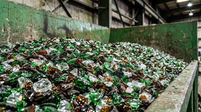 Piles of crushed green and brown glass fill a processing belt.