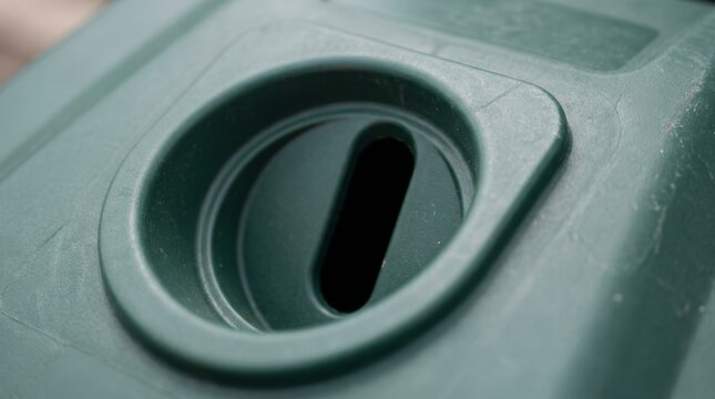 A close up shows a green plastic container lid with a circular opening.