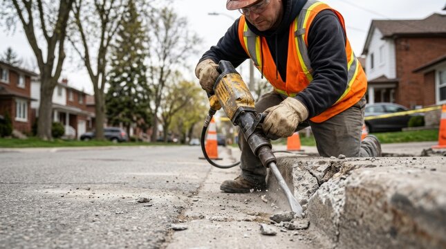 Construction worker in orange safety vest and gloves uses a jackhammer to break concrete on a residential street.