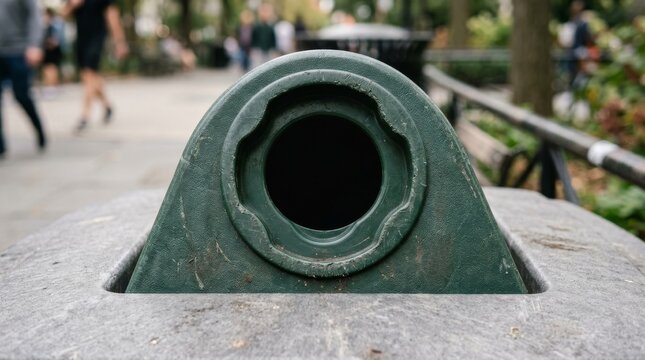 A close up of a green park trash can lid showing the opening