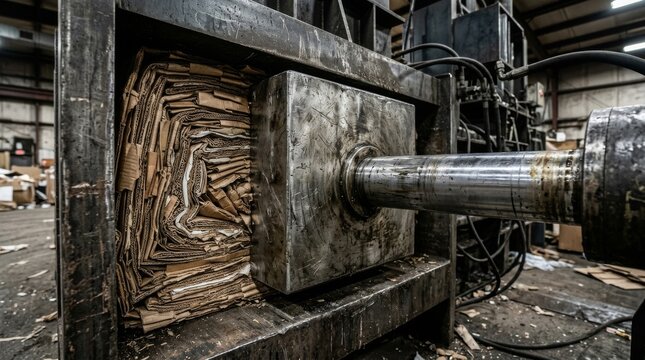 Industrial machine compresses stacked cardboard into a compact bale in a warehouse.